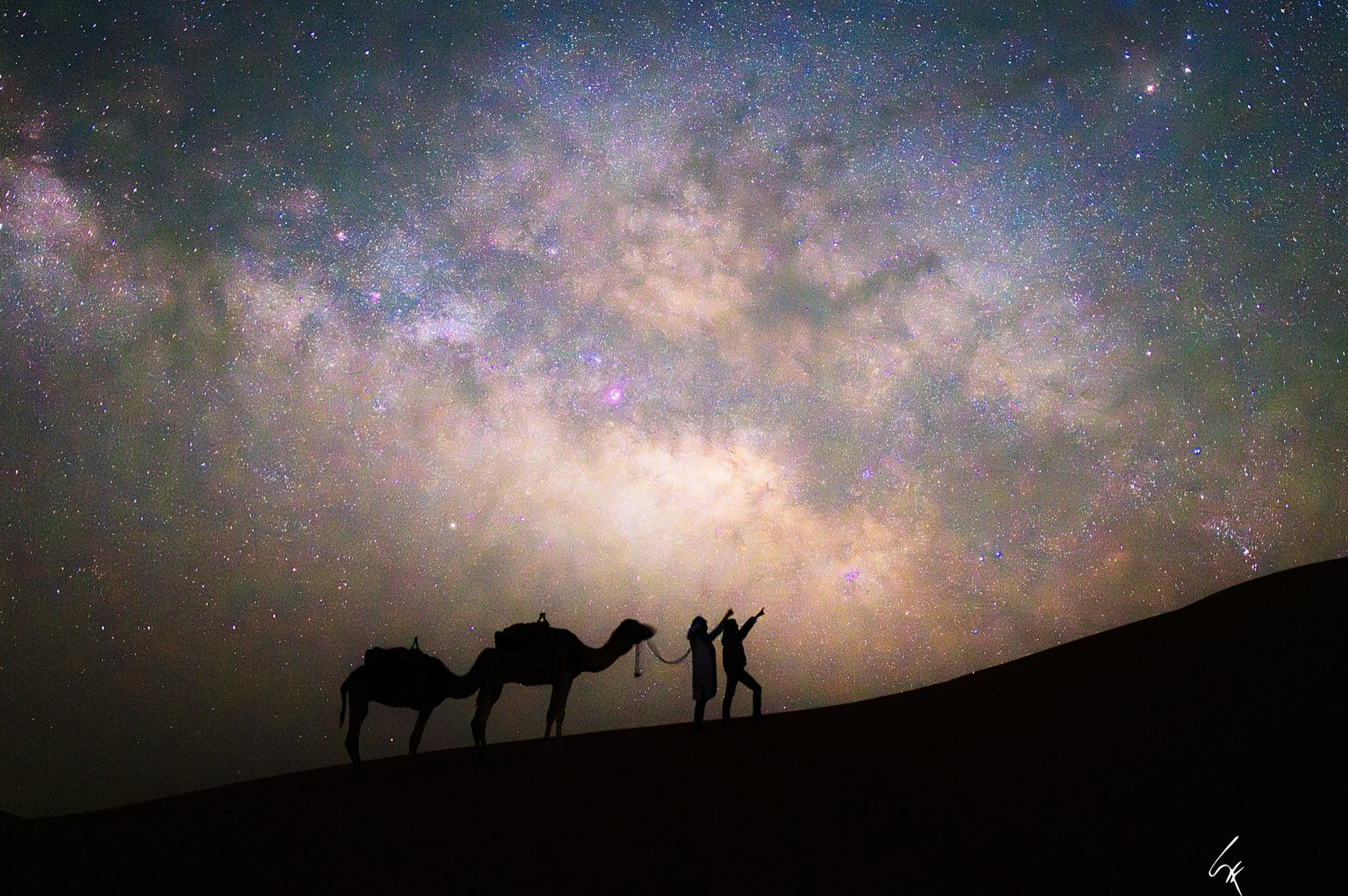 Dromedarios en silueta bajo la Vía Láctea, desierto del Sáhara